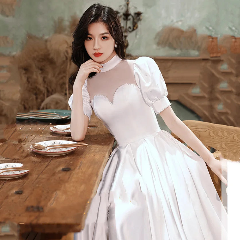 Chic White Puff Sleeve Mesh Cocktail Dress