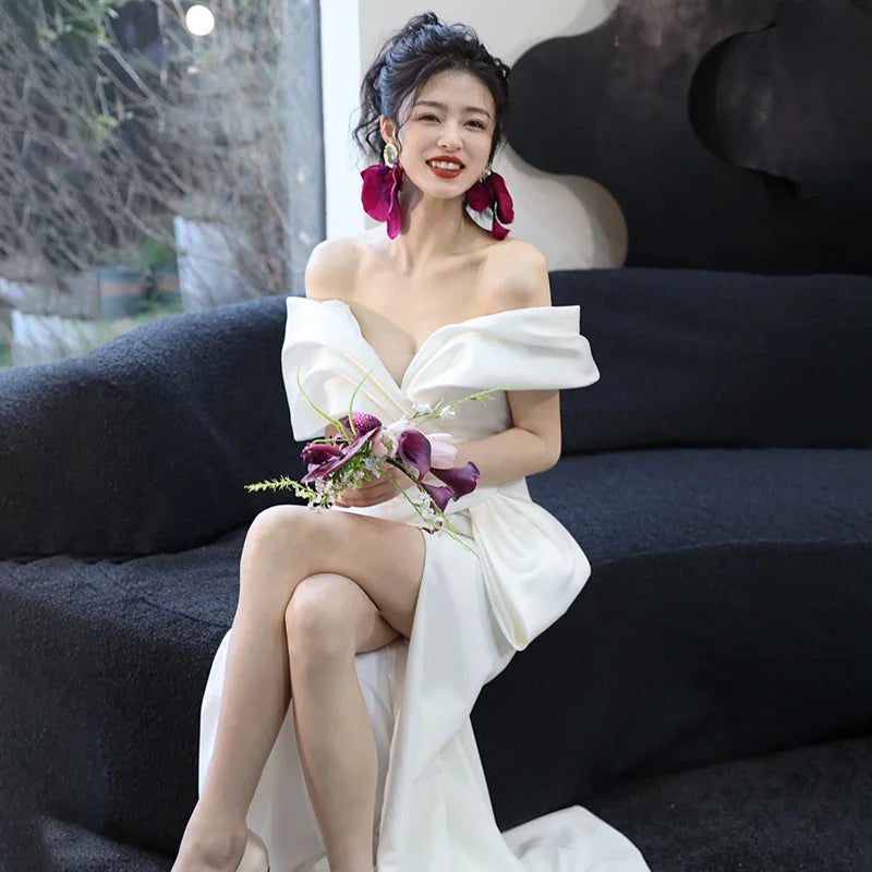 Harajpee One Shoulder Satin Wedding Dress French White Temperament Fishtail Dresses Forest Welcome Travel Photo Go Out Vestido