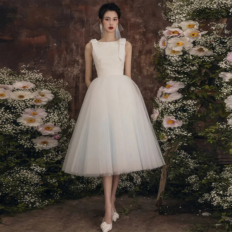 Janeye Bridal Vintage A Line White Tulle Midi Dress
