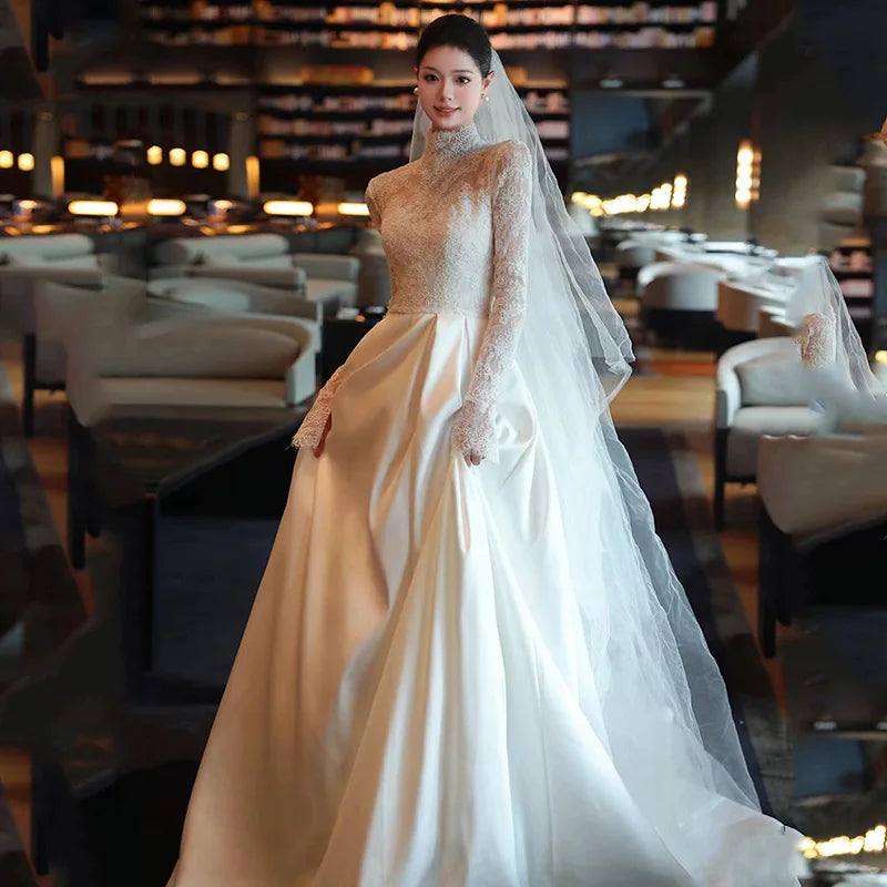 knee length dresses for ladies Vintage V Neck Long Lace Sleeves Simple White Wedding Dress