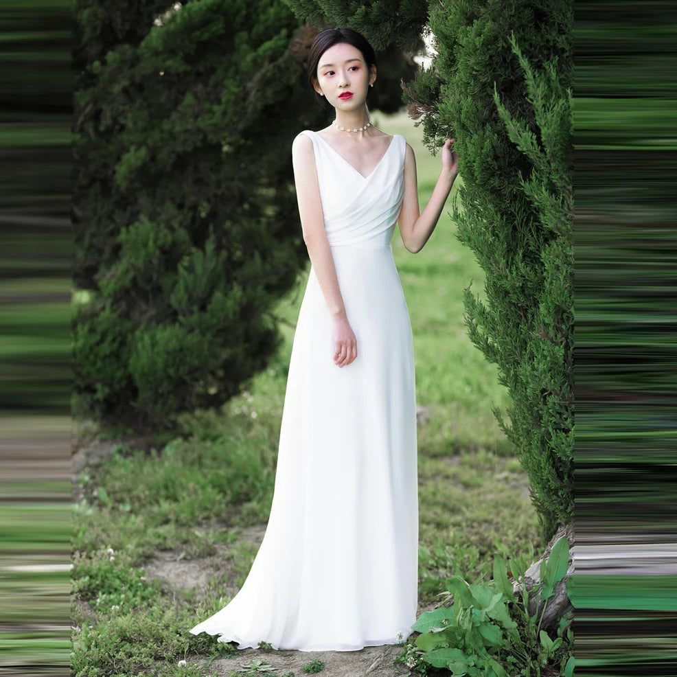 Korean Style V-neck Simple Robe Mariage Lace Wedding Dress Robe To Be Party  Gowns