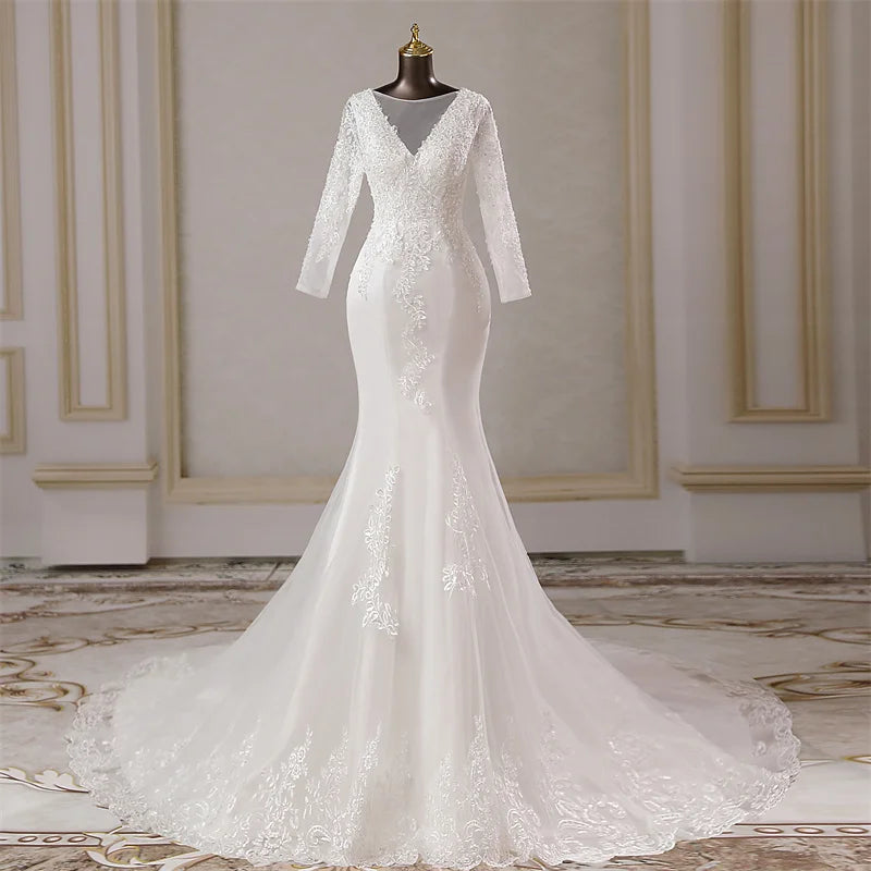 chinese dress ladies Sexy Long Sleeve V Neck Sweep Train Lace Mermaid Wedding Dress – Mermaid  Bridal main image 0