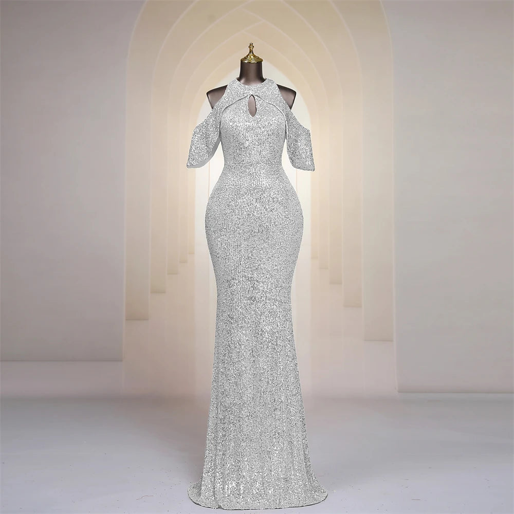Sparkling Rose Gold Sequin Gown With Sleeves