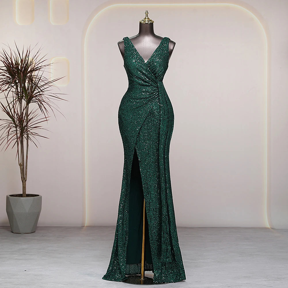 Sparkling Green V-neck Gown With Slit