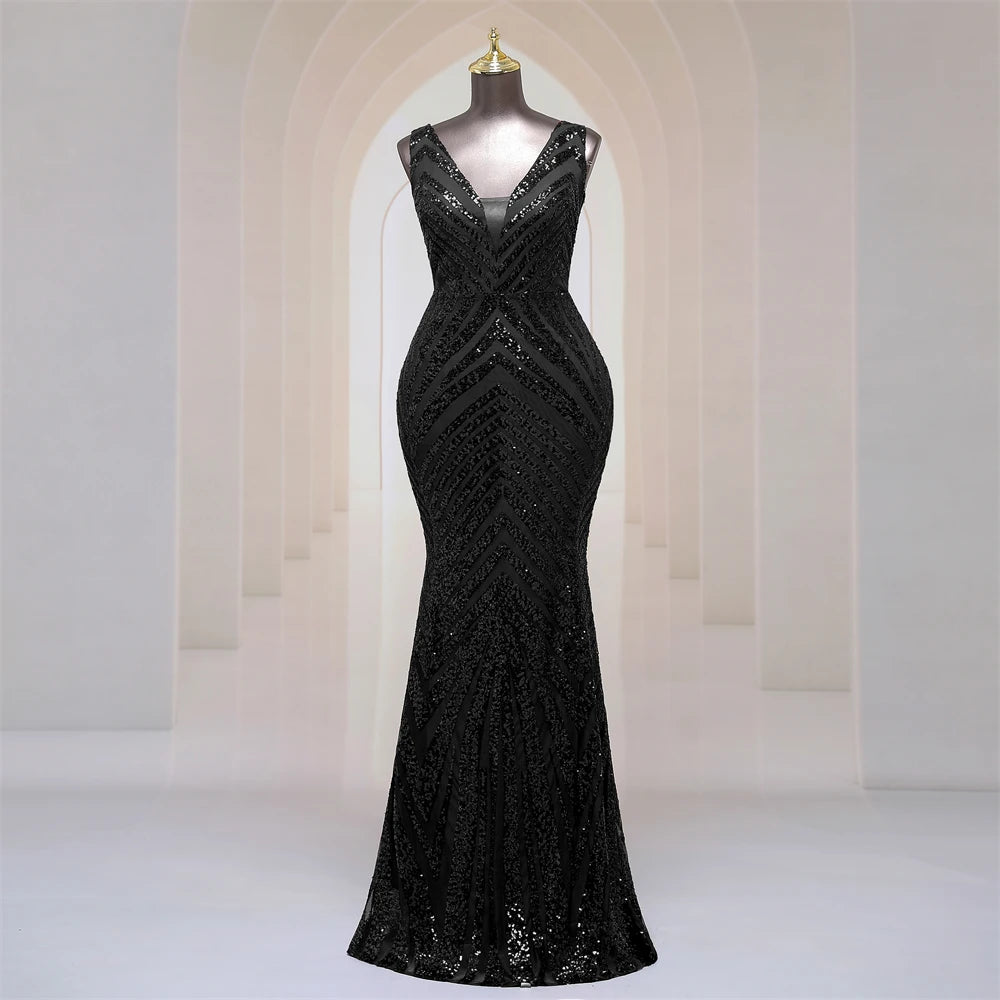 Black Sequin V-neck Maxi Evening Gown