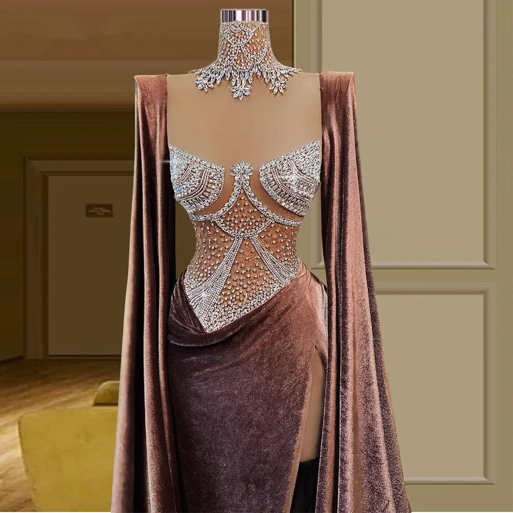 Luxury Prom Dresses A-line V-neck Velvet Beaded Slit Dubai Saudi Arabia Prom Gown Evening Dresses Robe de Soiree Haute Couture
