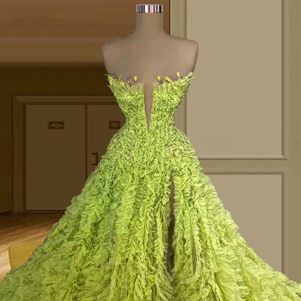 Vibrant Lime Ruffled Off-shoulder Evening Gown