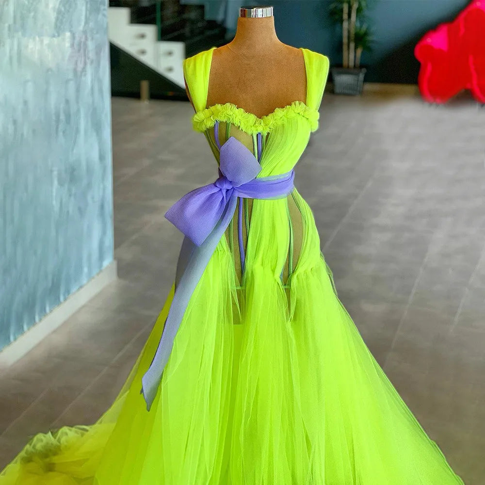 Neon Tulle Gown With Corset And Bow