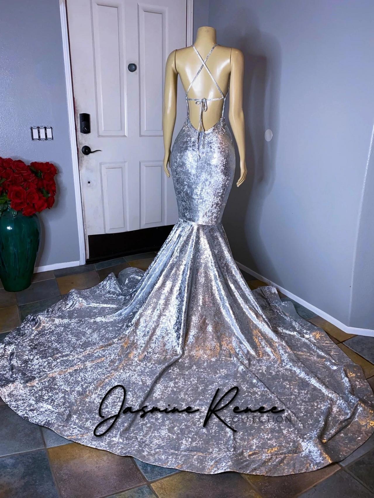 silver backless prom dress Silver Sequins V Neck Backless Prom Dress with A Sweep Train fg3113 main image 0