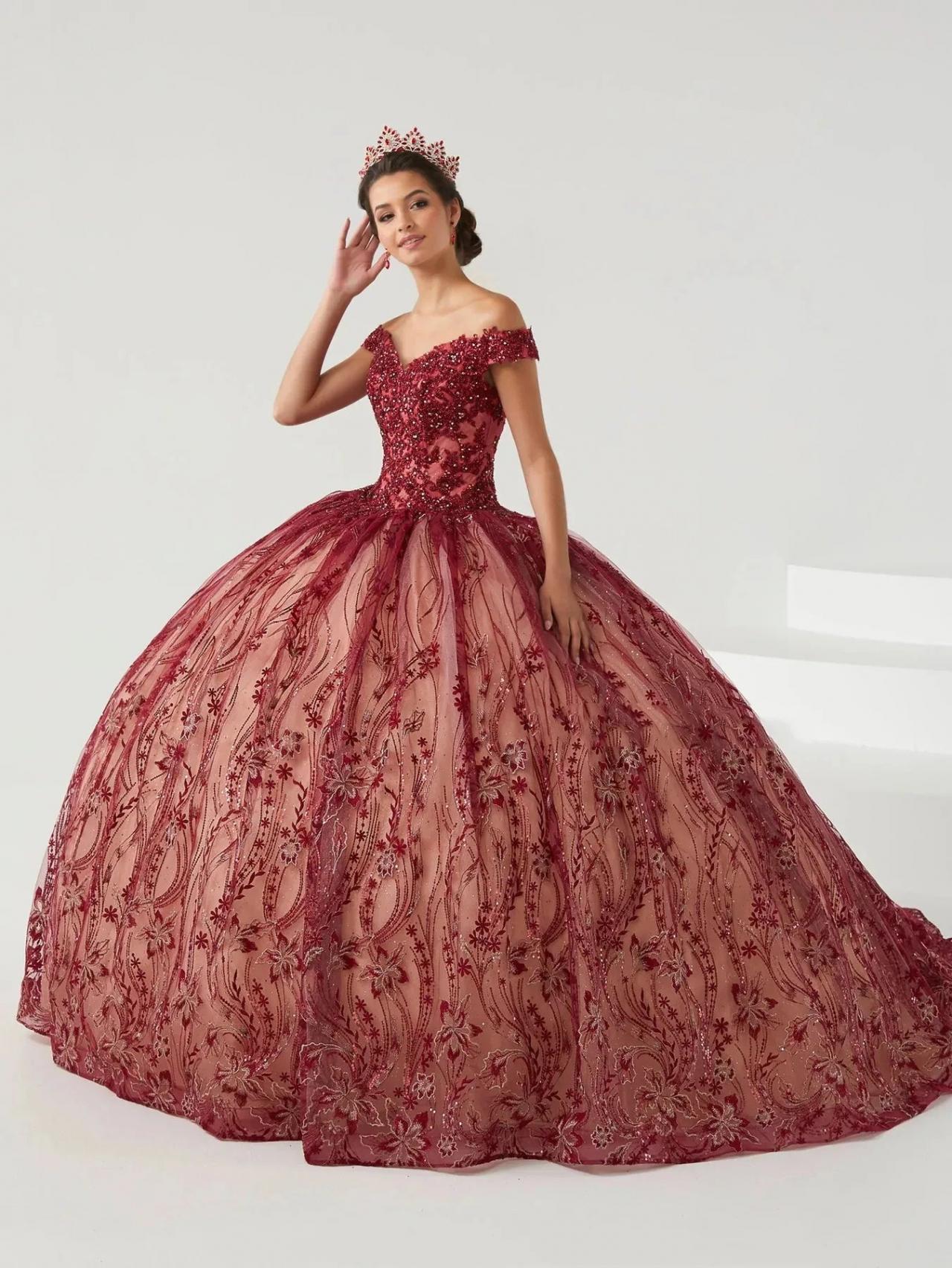 burgundy quinceanera dresses off the shoulder Long Off Shoulder Quinceanera Glitter Mesh Dress main image 1