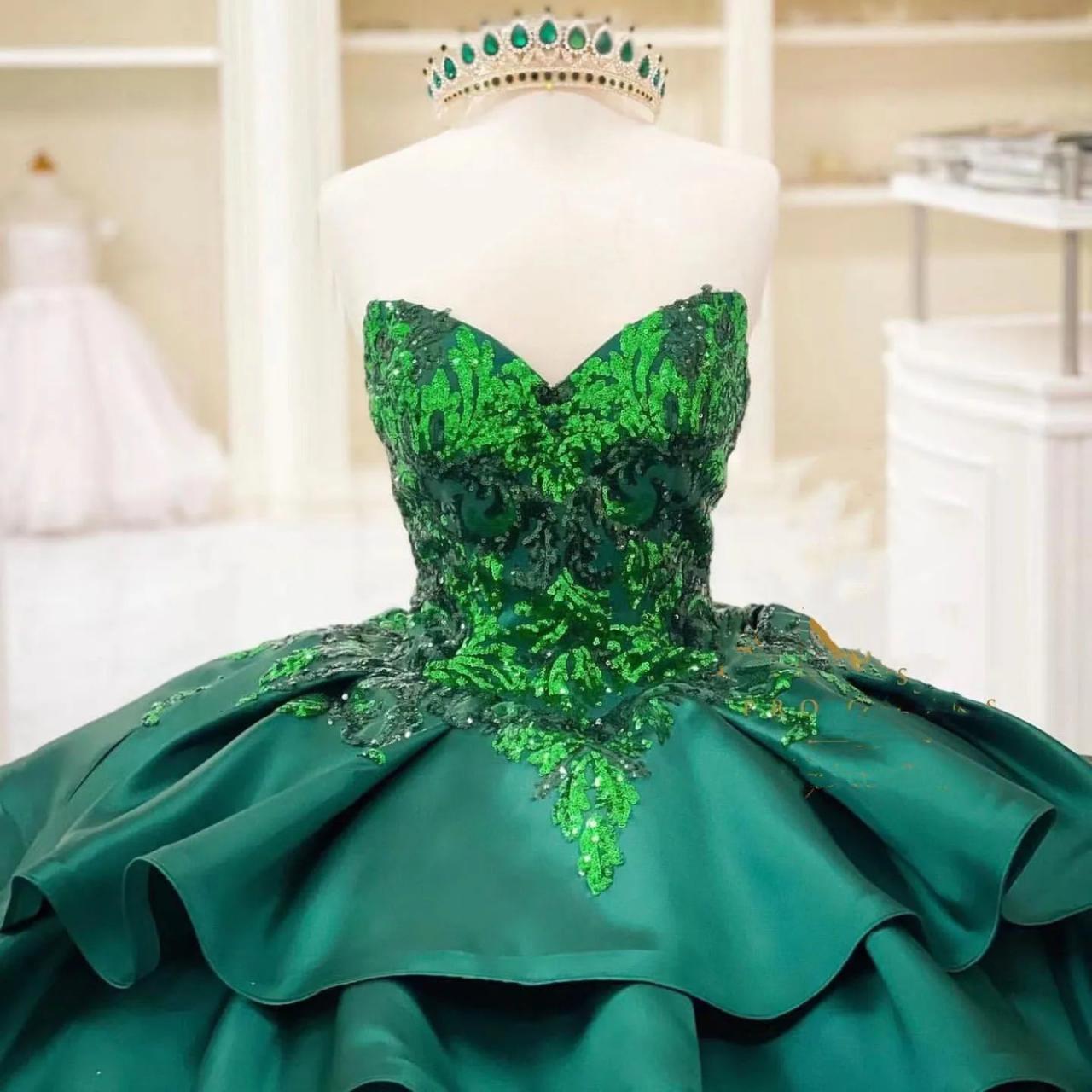 Strapless Green Gown With Intricate Leaf Embellishments on Luulla