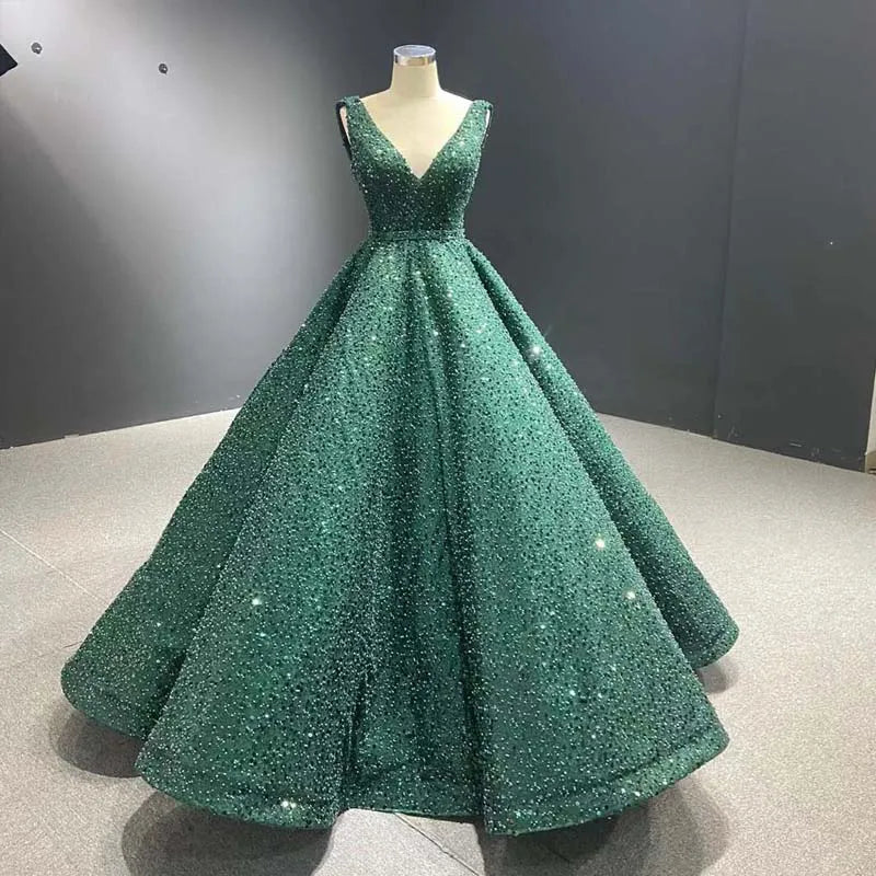 Stunning Green V-neck Sequin Ball Gown on Luulla