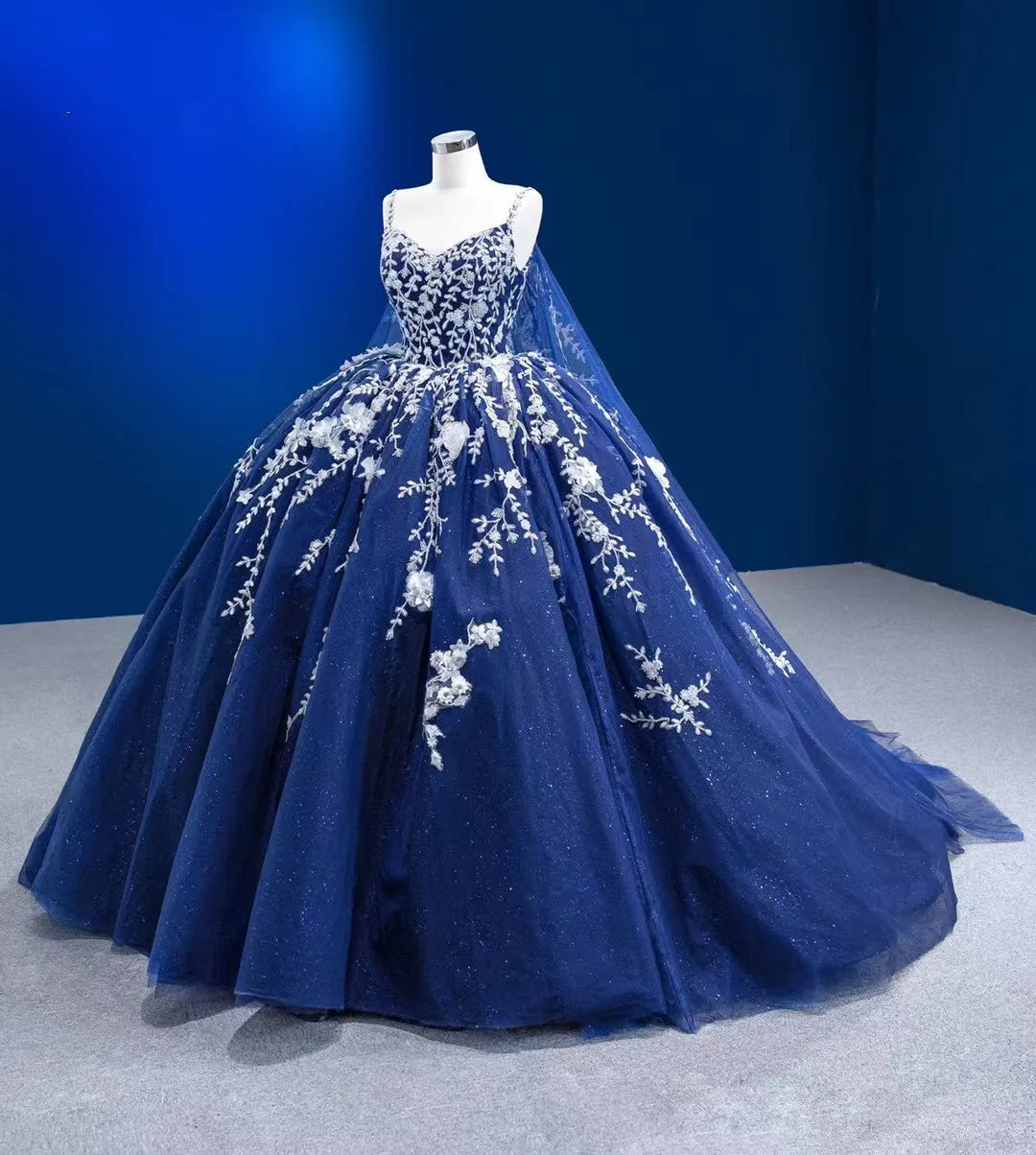 Exquisite Blue Ball Gown With Floral Embroidery
