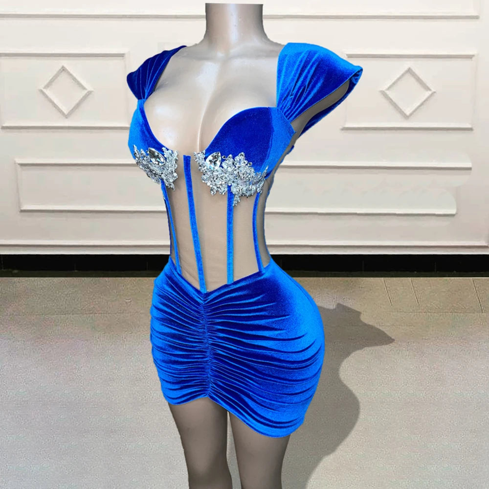 bodycon blue velvet dress Royal Blue Velvet Long Sleeve Ruched Turtleneck Mini Dress – IRHAZ main image 0