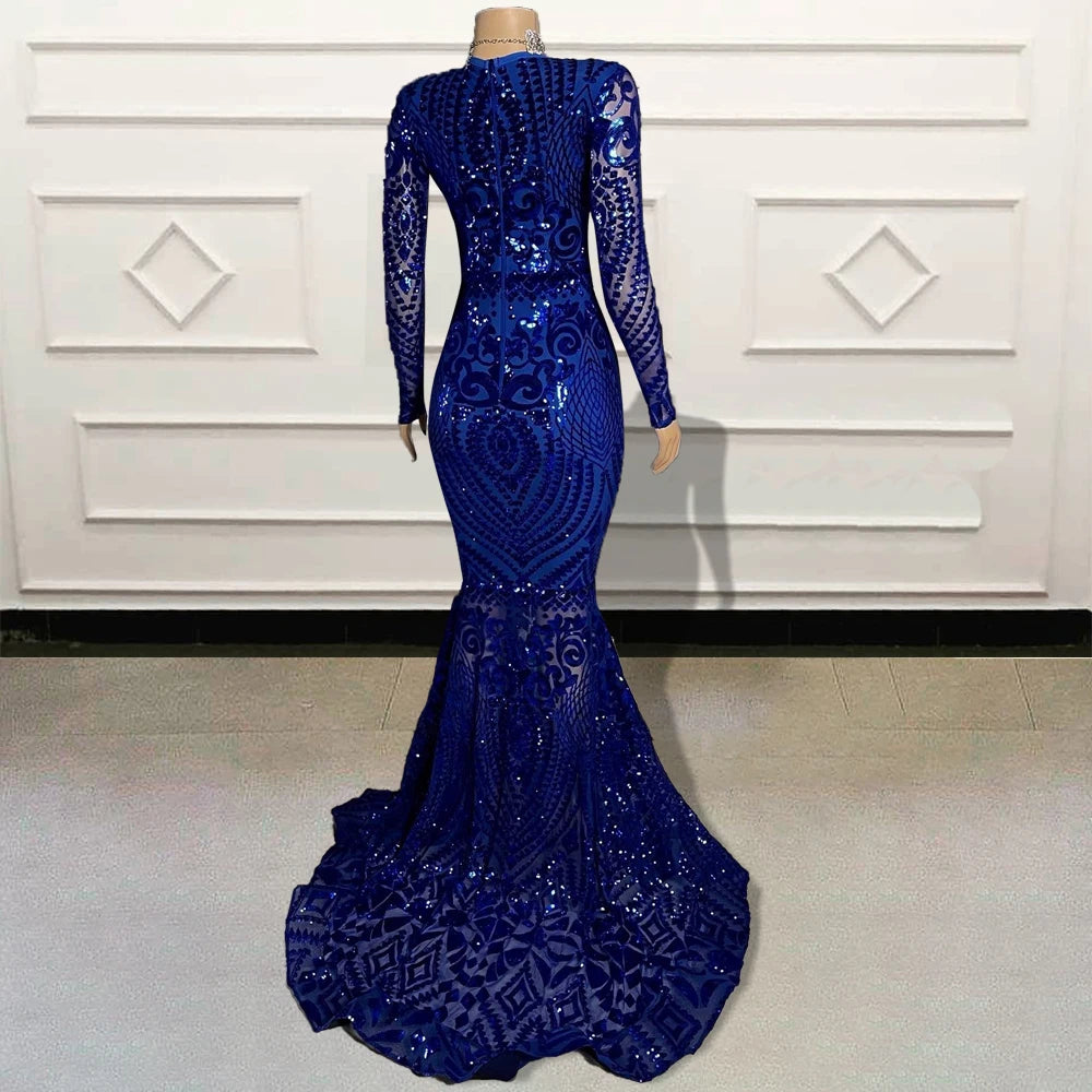 Long-sleeve Royal Blue Sequin Mermaid Gown