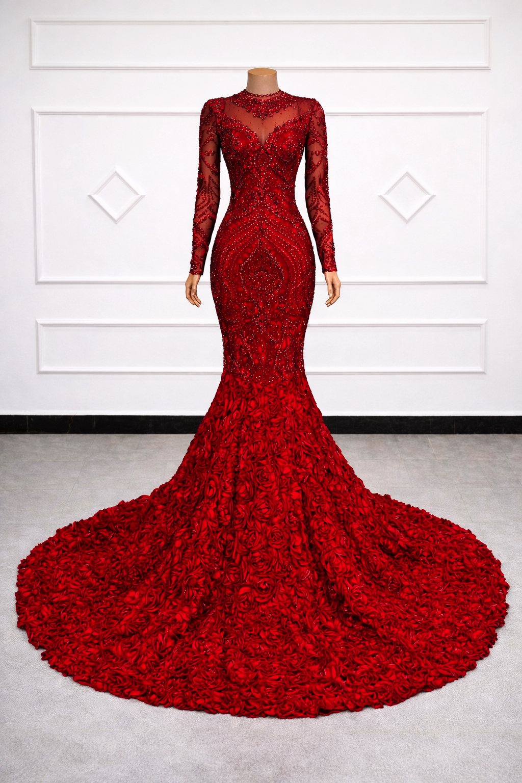 Red High Neck Long Sleeve Beaded Mermaid Gown With Rose Train