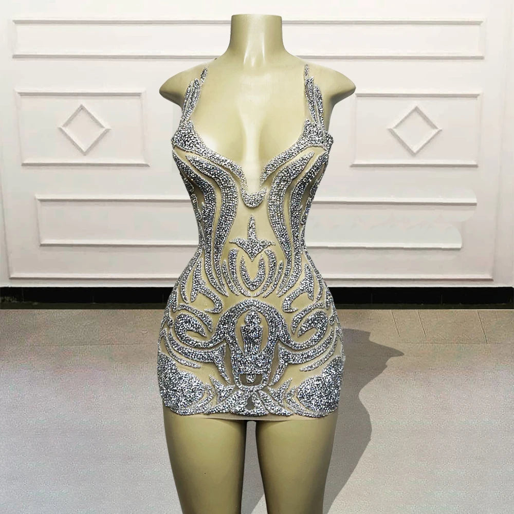 Stunning Rhinestone Embellished Sheer Mini Dress