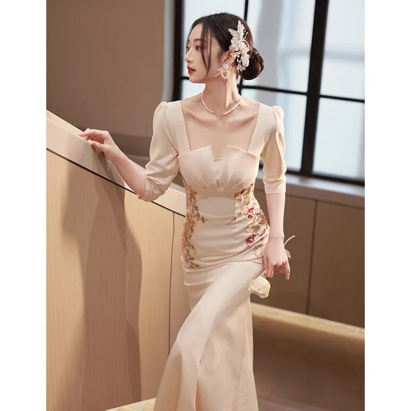 beige embroidered maxi dress Beige and Navy Embroidered Maxi Dress main image 0