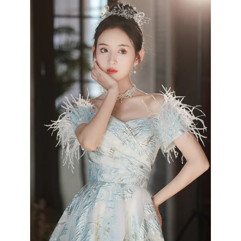 Dinner Dress Feather Satin Party Evening Gown Blue Birthday Homecoming Dresses Formal Occasion H283
