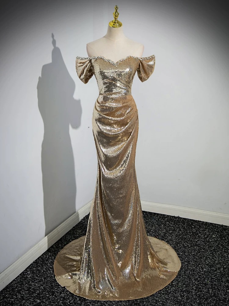 Gold Sequined Evening Dress, Luxury Wedding Dress, Off-shoulder Prom Dress  on Luulla
