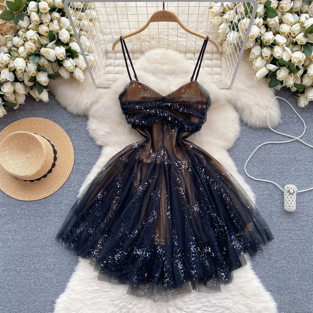 Gentle Princess Dress, Sweet Dress, Pleated Mesh Suspender Dress