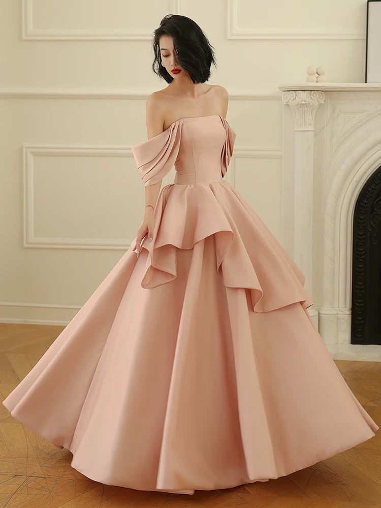 Pink Satin Off Shoulder Lace-up Party Dress, Pink Prom Dress