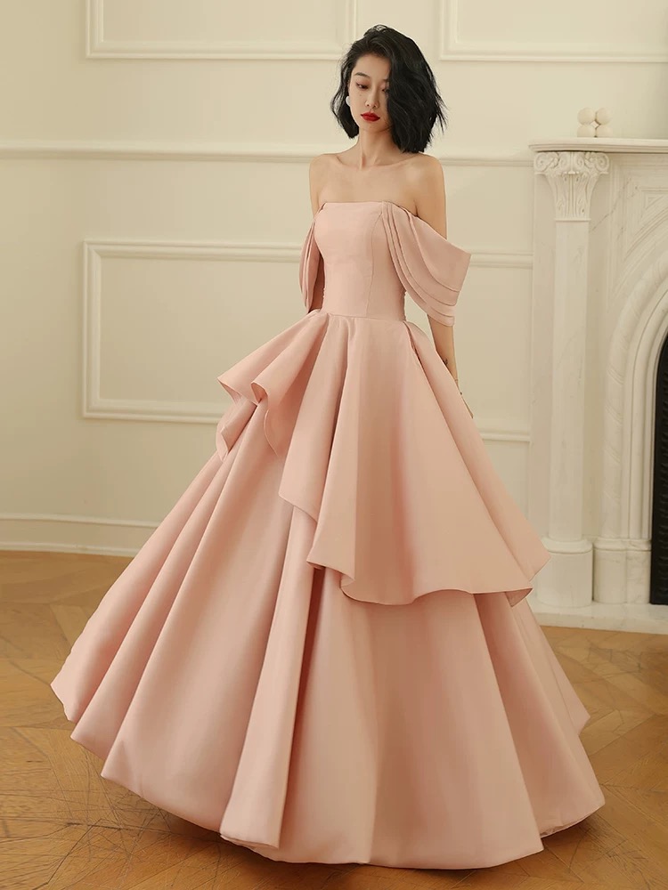 Pink Off Shoulder Satin Long Simple Party Dress, Pink Satin Evening Dress