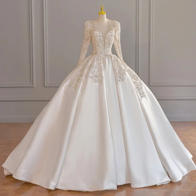 dress that flares out at bottom A-line lace wedding dress with sleeves and long train – Wedding dresses by  Alena Plokhova
