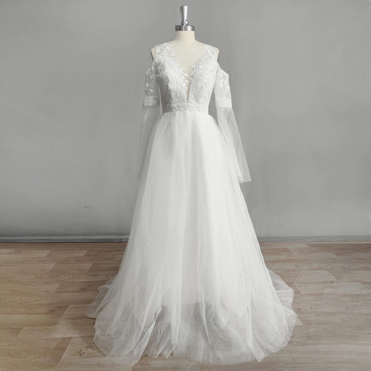 Lace Appliqu Sheer Long Sleeve Bridal Gown on Luulla