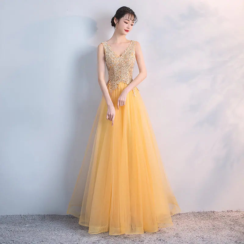 Gold Bridesmaid Dresses Tulle Applique Sexy V-neck Simple Long Party  Wedding Party Gowns For Women C on Luulla