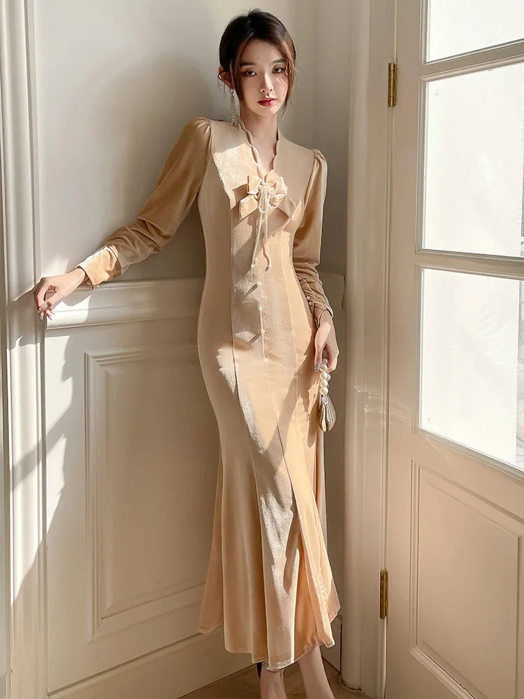Luxurious Champagne Long-sleeve Velvet Evening Gowns on Luulla