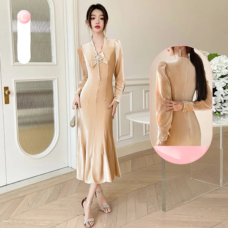 Luxurious Champagne Long-sleeve Velvet Evening Gowns on Luulla