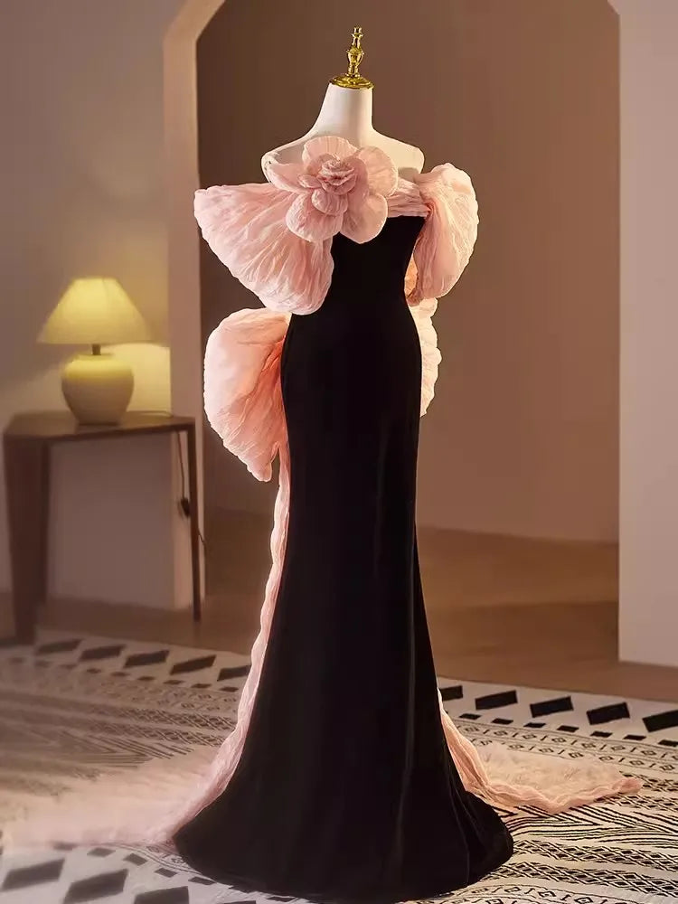 black dress with pink accents Gothic Black and Pink Velvet Evening Dress with V-Neck