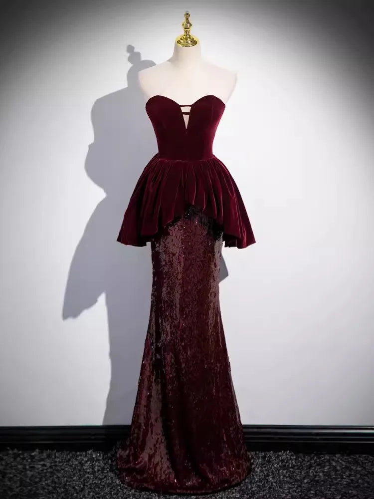 Burgundy Velvet Peplum Gown With Straps
