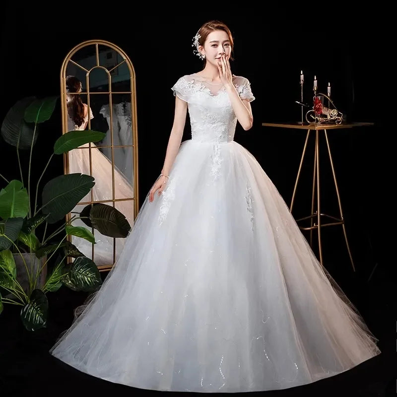 Lace Bridal Gown With Cap Sleeves Train