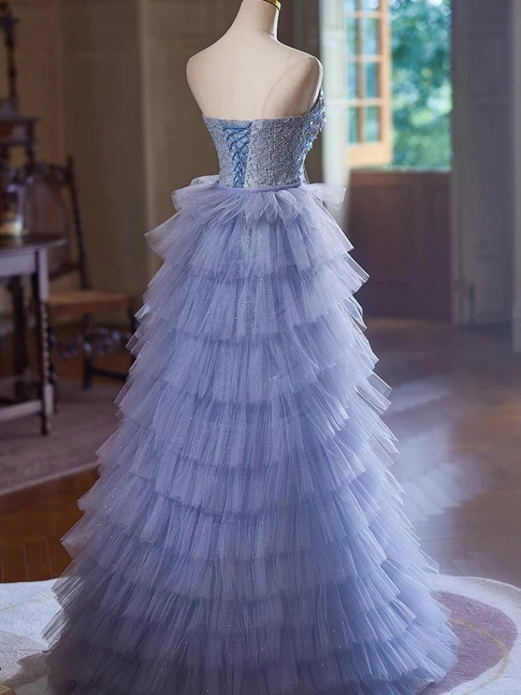 Glitter Strapless Pink Tulle Sequin Beaded Mermaid Party Dress Slit Long Evening Gown