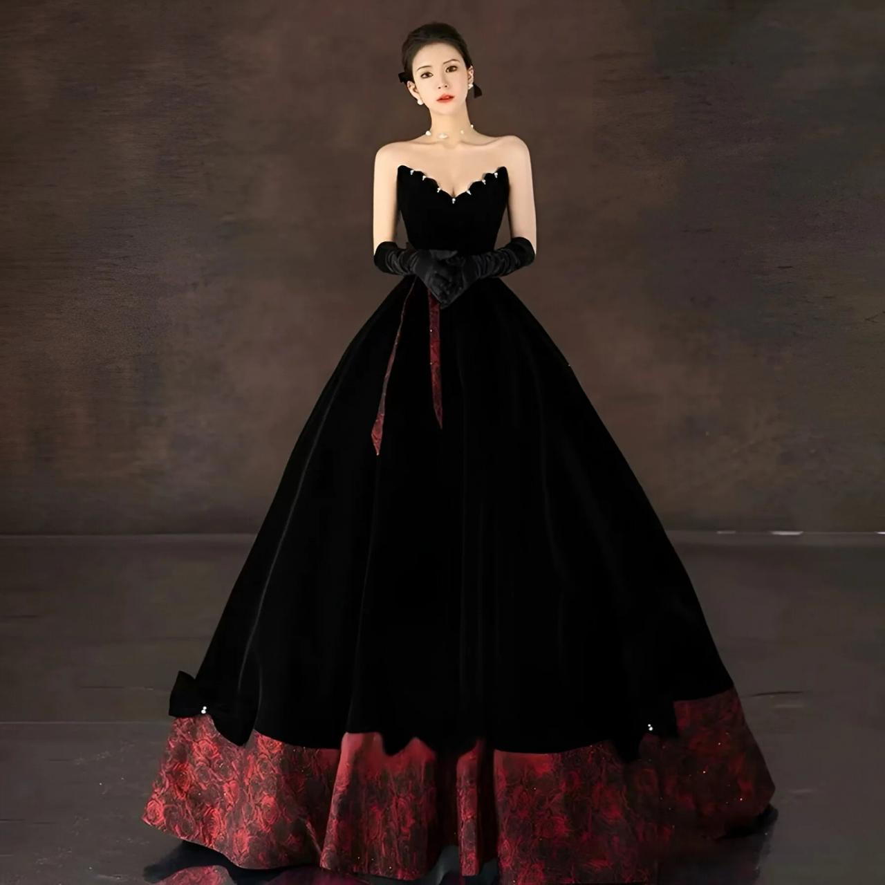 open lace back dress Black Red A-line Two Piece Satin V-neck Sweetheart Asymmetrical Prom Dress,  MP124 main image 1