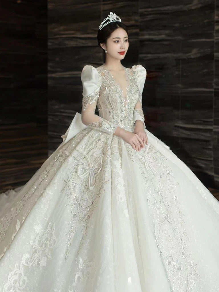 Sparkling Lace Bridal Gown With Puff Sleeves