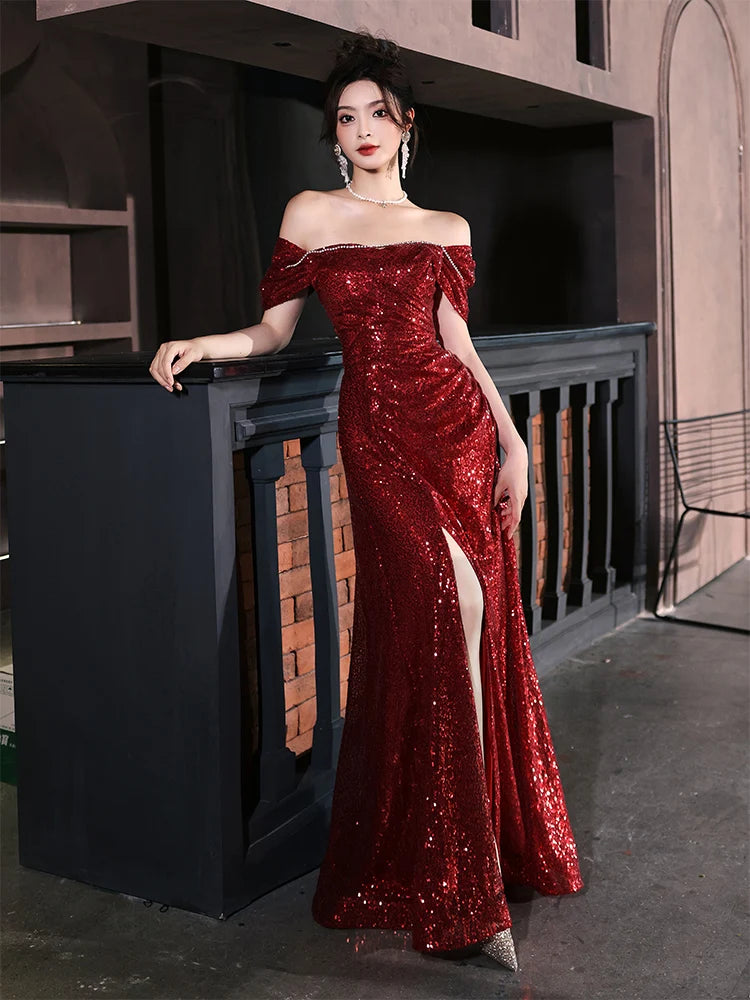 French Women's Sequined Fishtail Dress Sexy Diamonds Off Shoulder