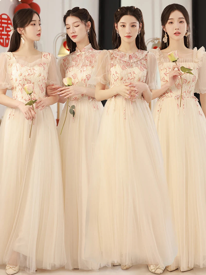 sachin and babi light blue dress Chinese Style Champagne Bridesmaid Dress Bow Spring and Autumn Long Sisters Girl Embroid Bridesmaid Dresses