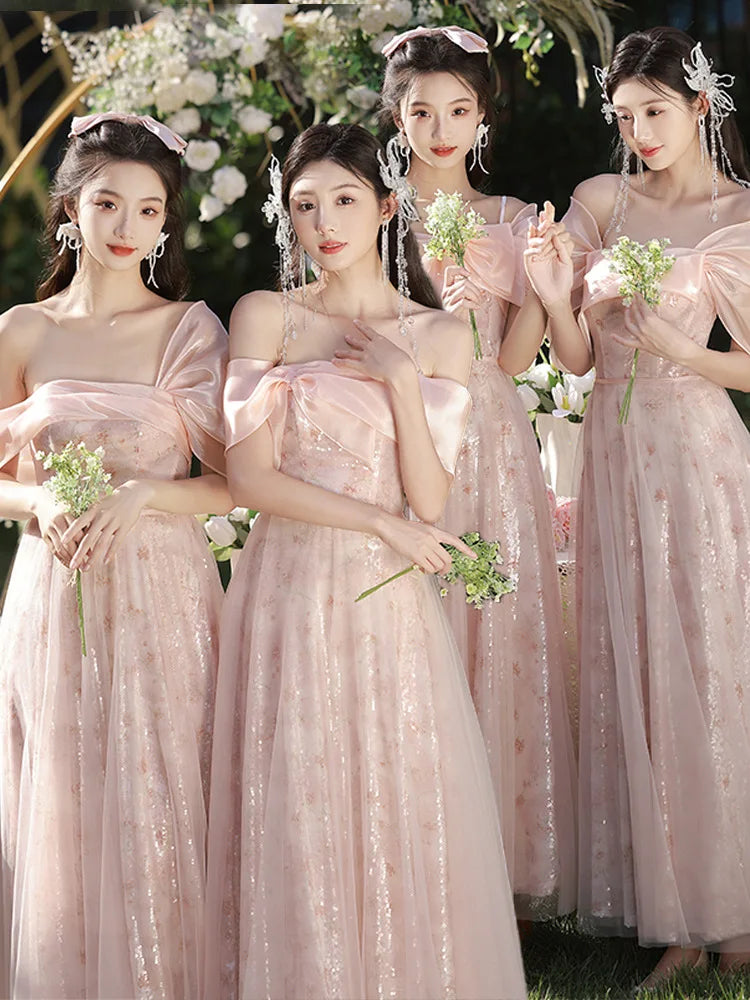 Blush Pink Off-shoulder Bridesmaid Dress With Flowers on Luulla