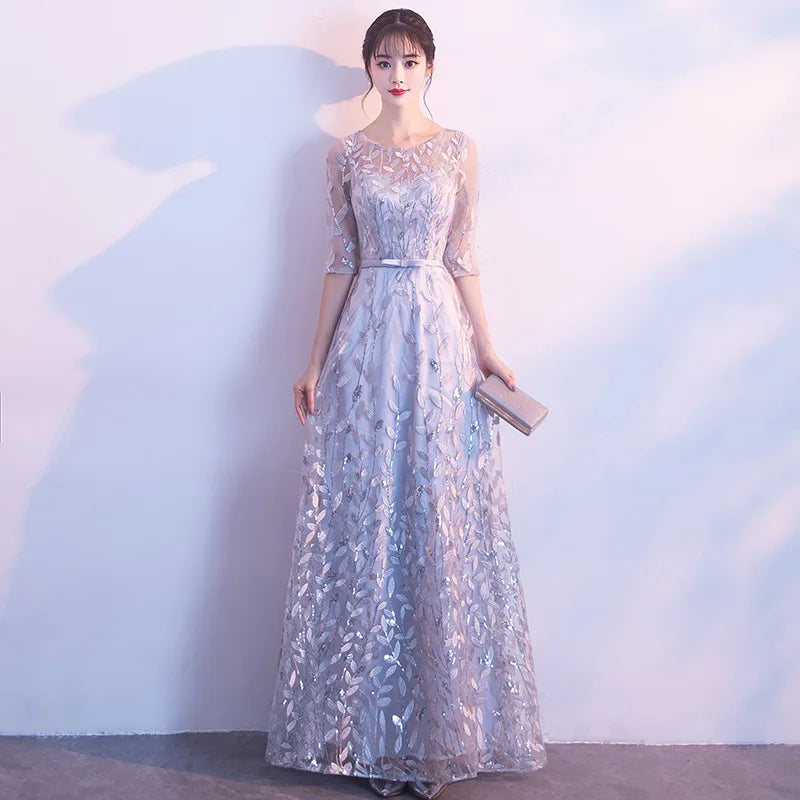 Lace Overlay Long Evening Gown With Sleeves