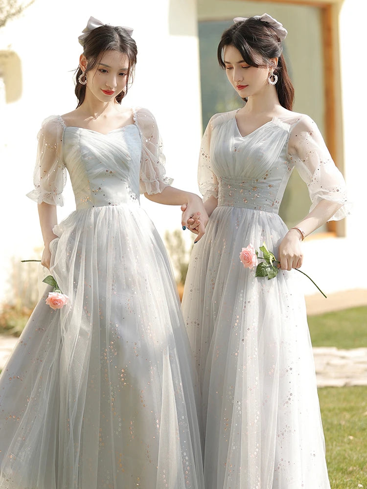 Romantic Sheer-sleeve Floral Embellished Bridesmaid Dresses