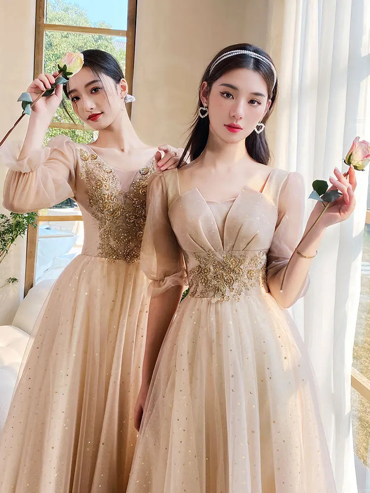 Stunning Gold Embellished Mesh Evening Gown Dress