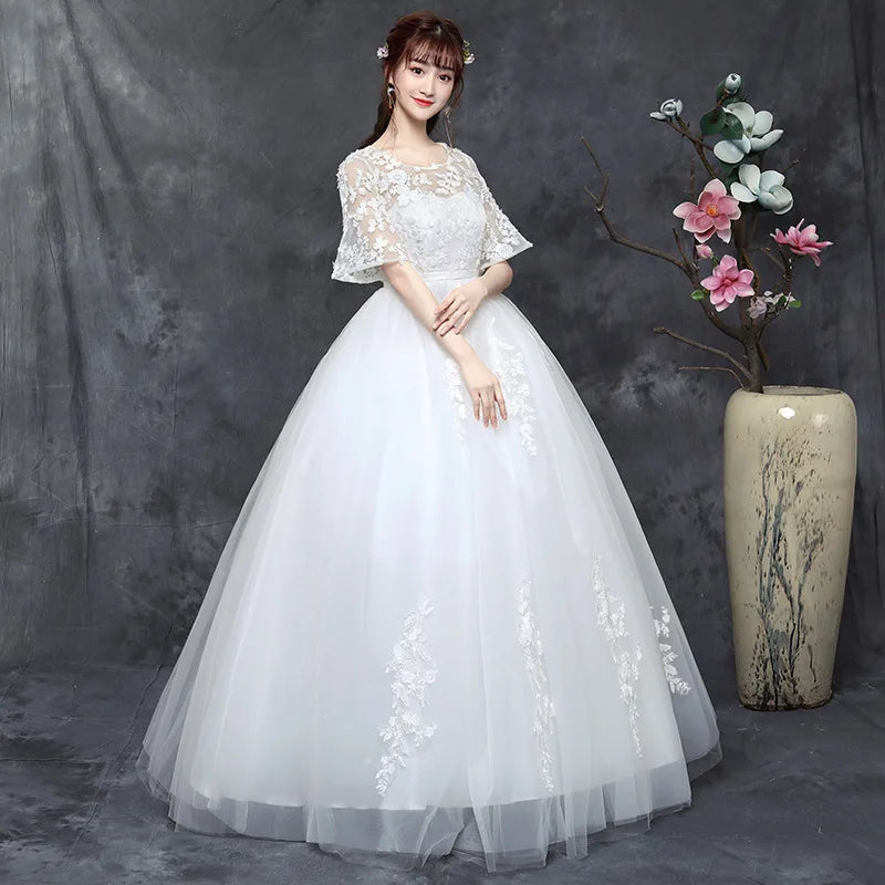 knee length dresses for ladies French Lace Detachable Mid Sleeve Wedding Dress with Overlay Lace Train - Alisse Bridal Off White / Lace main image 0