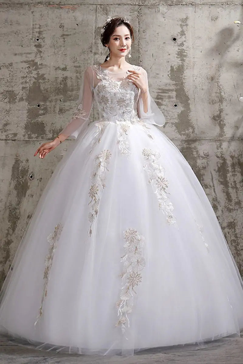 Lace Floral Appliqu Long-sleeve Bridal Gown