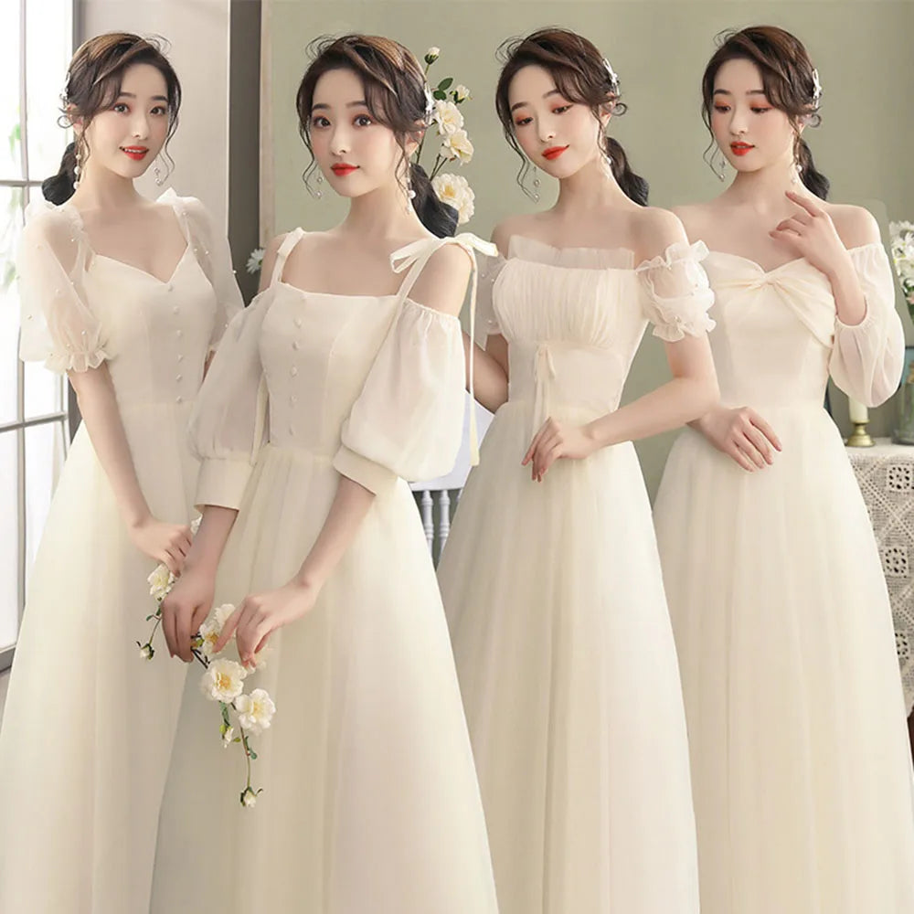 4 Styles Elegant Solid Beige Bridesmaid Dresses 2023 Women's Square Collar Simple Bow Design Wedding Guest Party Gown