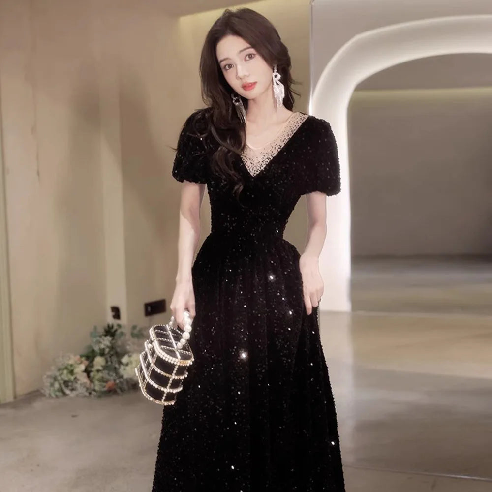 Sparkling Black V-neck Sequined Evening Gown on Luulla