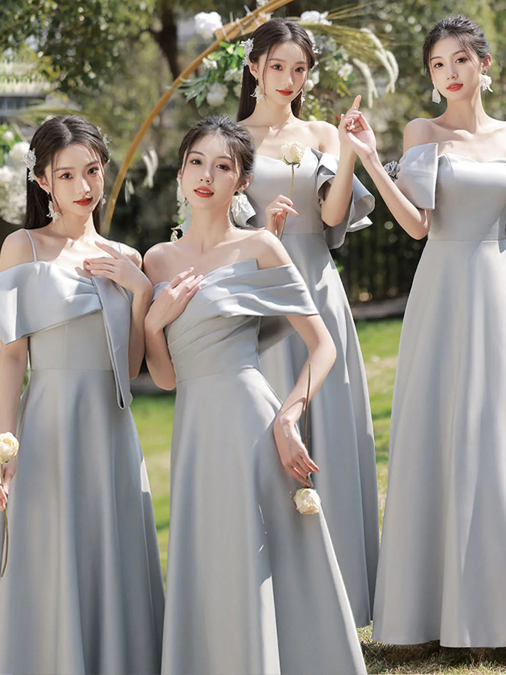 Satin Off-shoulder Bridesmaid Dress With Shawl