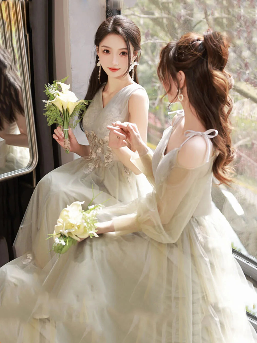 Elegant 4 Styles Light Green Bridesmaid Dress Women's Transparent Tulle Off  The Shoulder Dress A-lin on Luulla